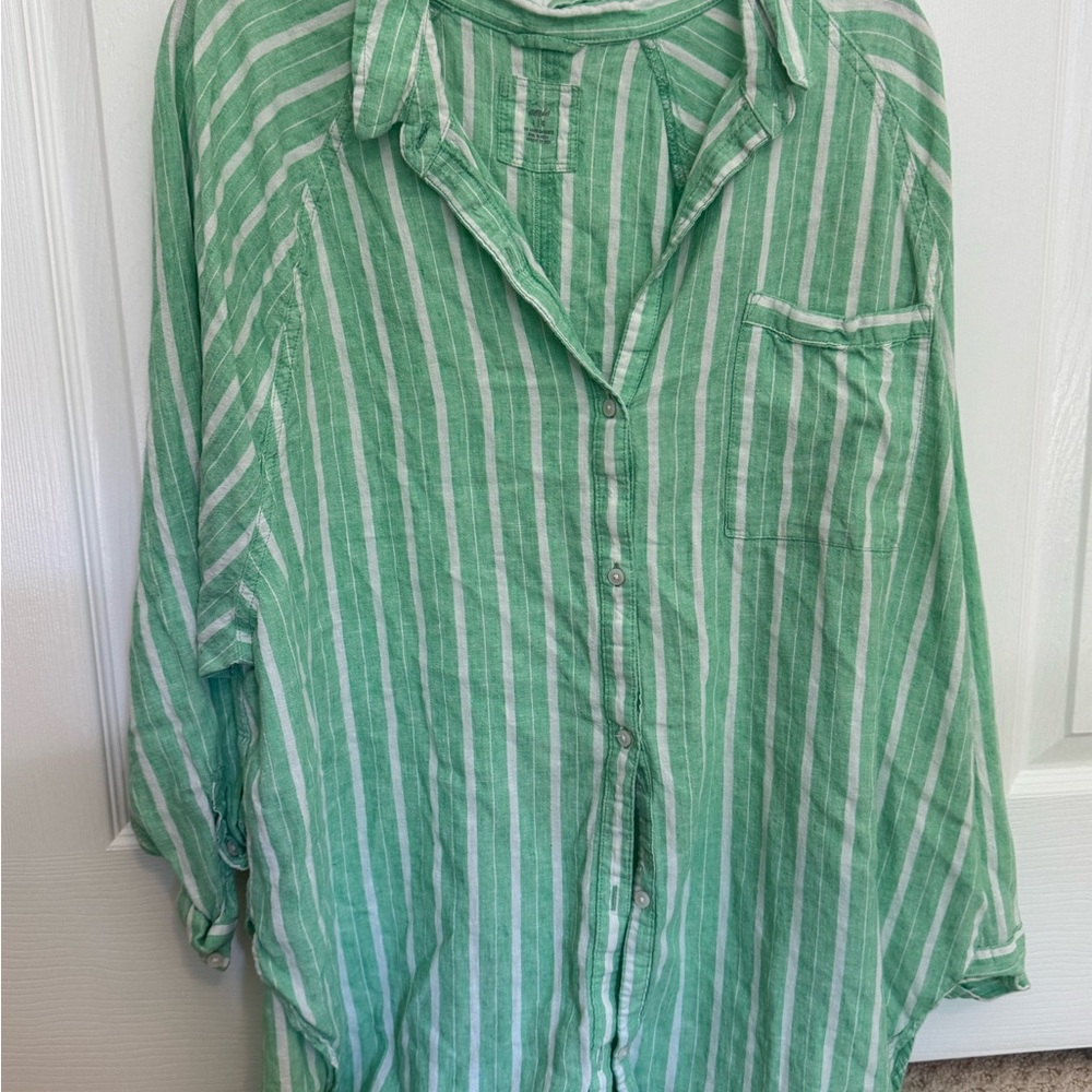 aerie Green & White Striped Button-Front Shirt